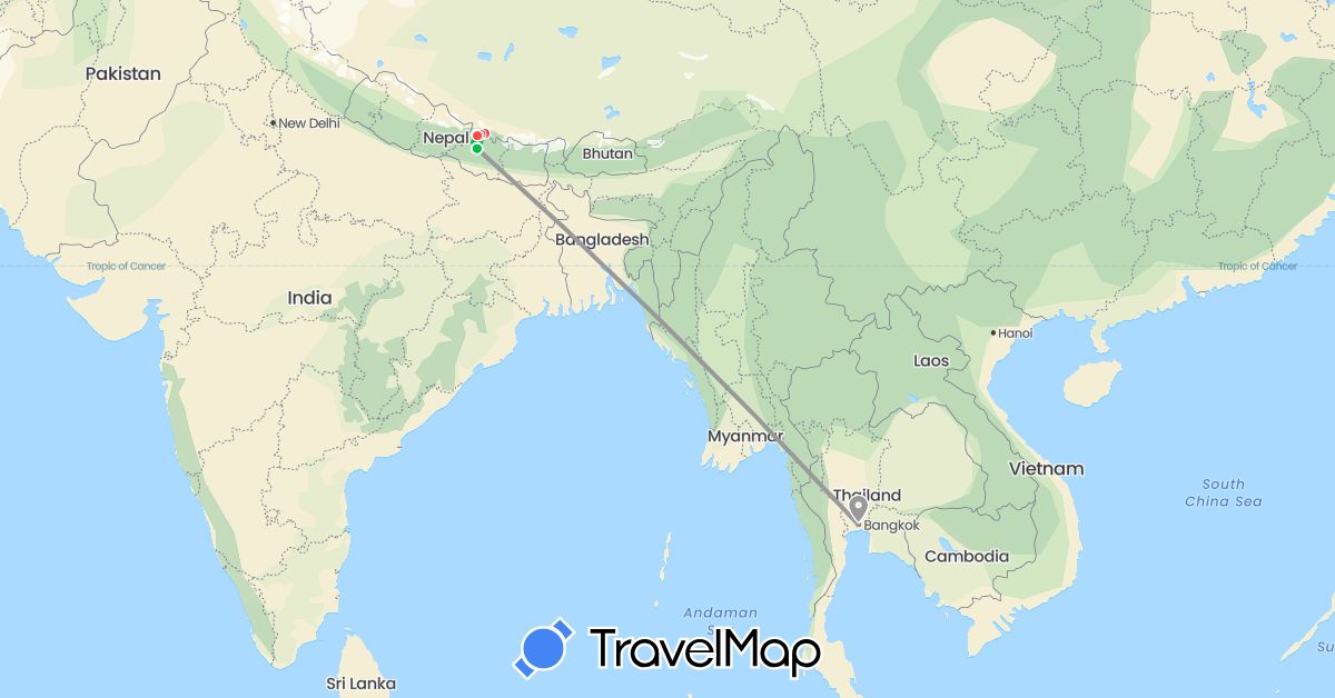 TravelMap itinerary: driving, bus, plane, hiking in Nepal, Thailand (Asia)